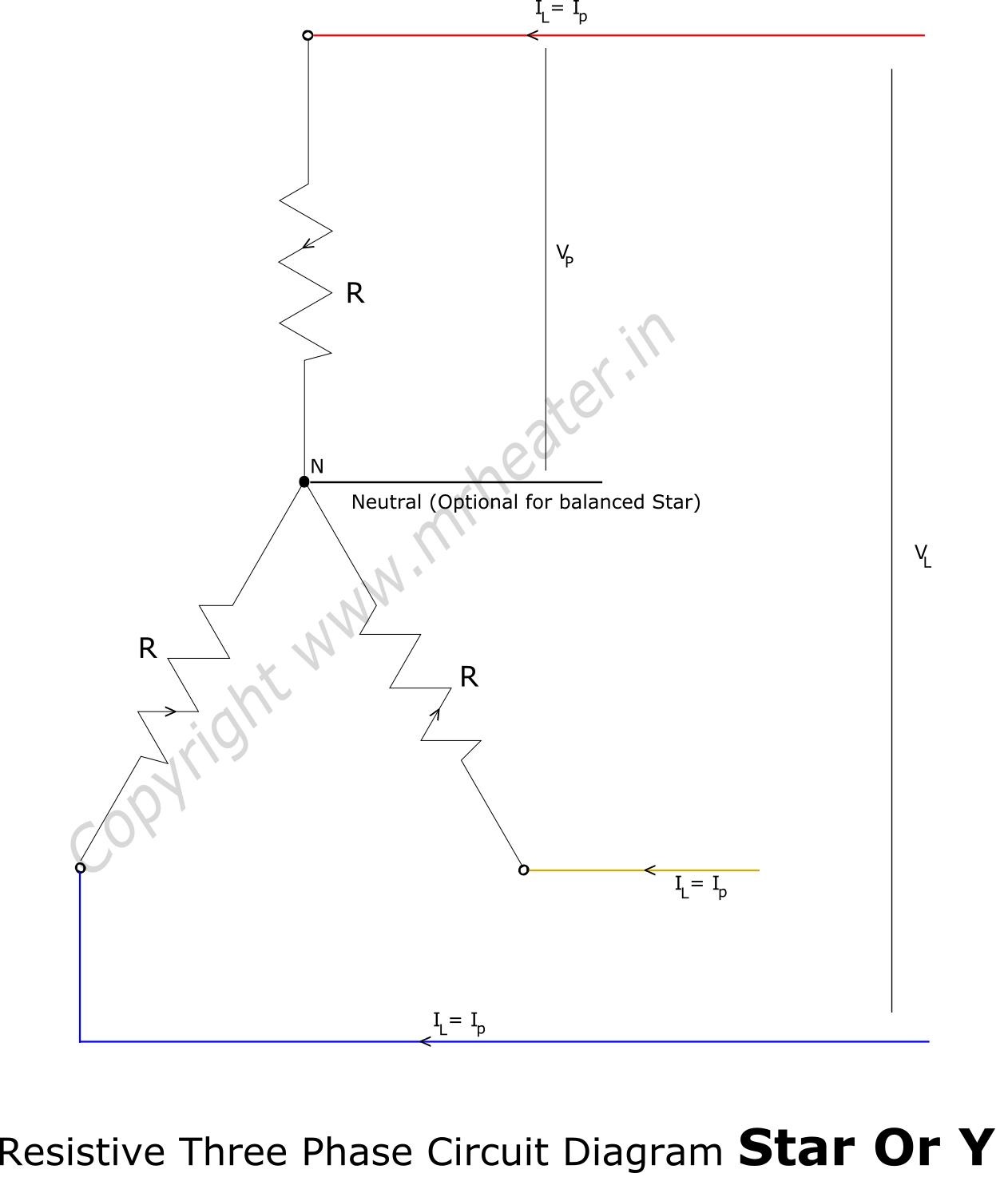 Three Phase star connected ohms law calculator